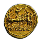 Coin with naked Simon bar Gioras leading Vespasian mounted.png